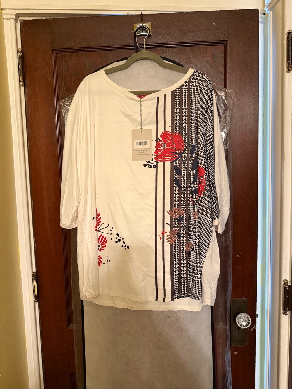 White Floral & Houndstooth Print Tunic Top